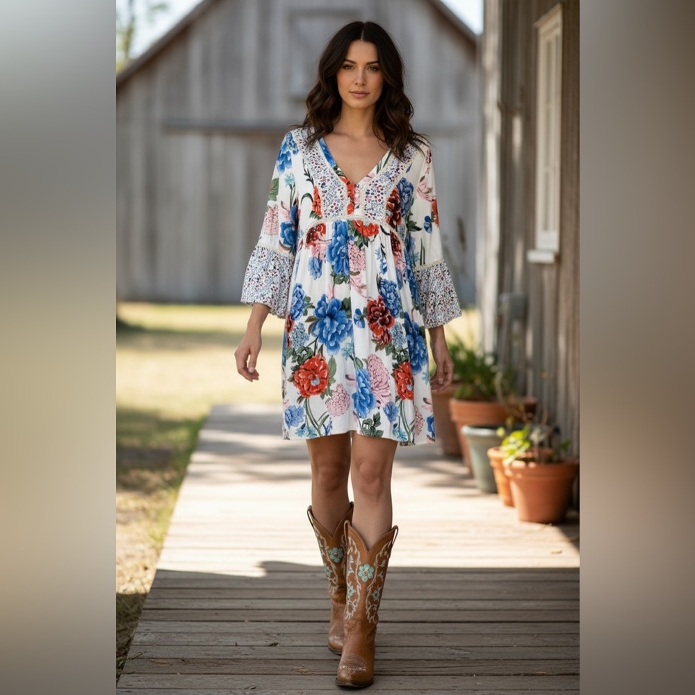 Floral V-Neck Mini Dress in White with Blue & Red Blooms
